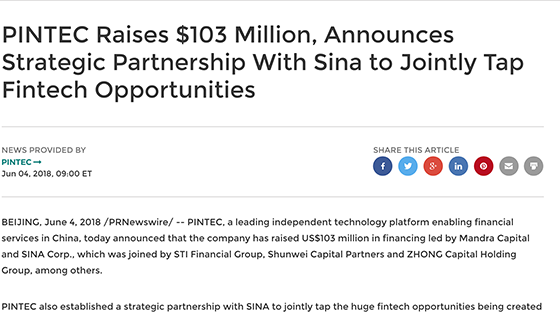 PIVOT's shareholder raises new capital in strategic partnership with Sina Corp to tap fintech opportunities using data and AI